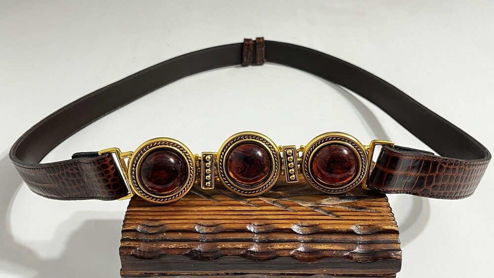 VTG Ben Amun Belt 24K Gold Plated Amber Resin Cabochon Leather Cinch 27" - 43”